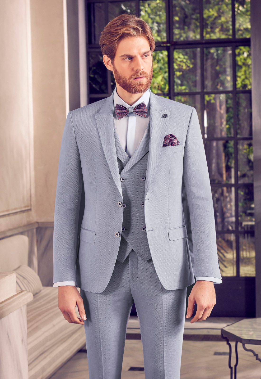 lavallière homme bleu-ciel et pochette de costume assortie Cravate de mariage 